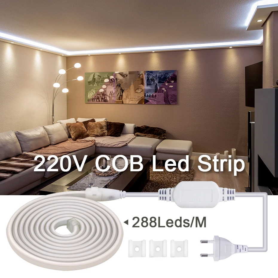 

288LED / m Высокая яркость COB светодиодные полосы 220V 30m 50m гибкие водонепроницаемые COB неоновые лампы с лампами для наружных кухонных садов