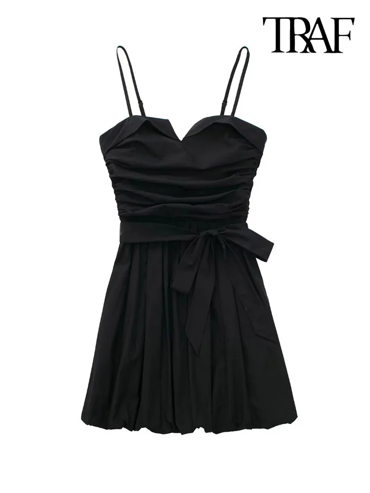 

TRAF Women Fashion With Tied Bow Pleated Mini Dress Vintage Backless Elastic Adjustable Thin Straps Female Dresses Mujer