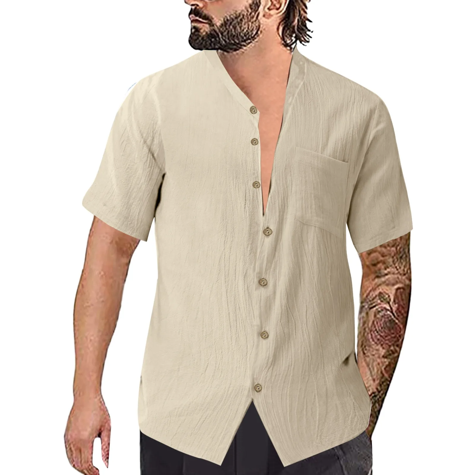 

White Long Sleeve Compression Shirt Men Men Fashion Casual Top Shirt Solid Color Pockets Single Breasted Black down Slim down