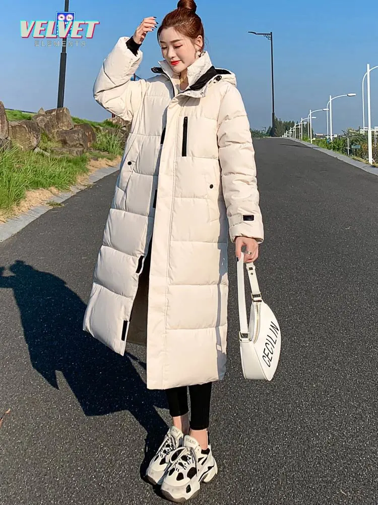 VelvetElement Parka Coat Extra Long Winter Jacket Women Hooded Pocket Zipper Female Lady Windbreaker Coat Casual Outwear Clothes