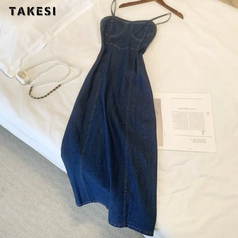 

2023 Summer Women Hotsweet Slim Fit Off Shoulder Blue Denim Suspender Dresses Streetwear High Waist Sexy Harajuku Y2K Dress