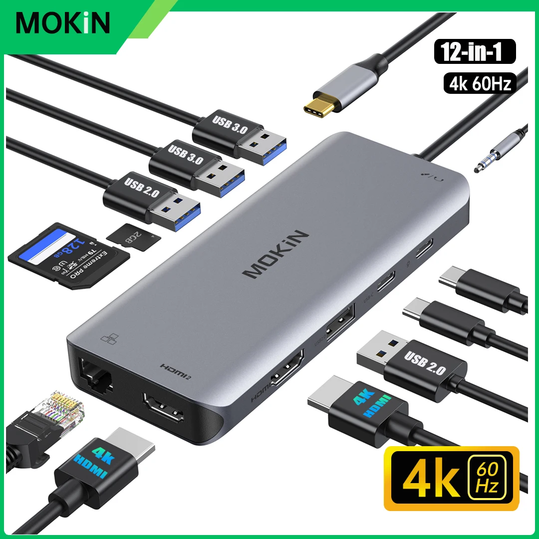 

MOKiN USB C Docking Station Dual HDMI 12 in 1 USB C Hub 4 USB Ports RJ45 SD/TF Card Audio 100W PD Adapter for Lenovo/HP/Dell/XPS