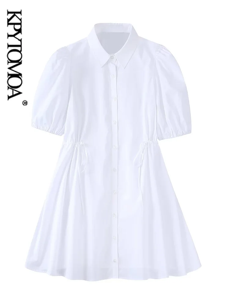 

KPYTOMOA Women Fashion With Drawstring Tie Pleated Mini Dress Vintage Puff Sleeves Front Buttons Female Dresses Vestidos Mujer