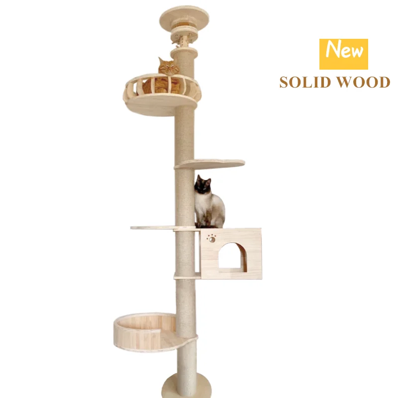 

Modern Cat Scraper Cat Tree Solid Wood DIY Floor-to-Ceiling Cat Tower, with Natural Sisal Rope Scratching Post Activity Center