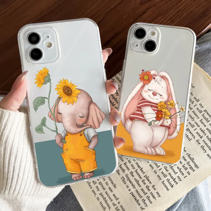 

Cartoon Panda Rabbit Elephant Clear Phone Case For iPhone 11 12 13 14 Pro Max Case For iPhone 13 Mini X XS Max XR 8 7 Plus Cover