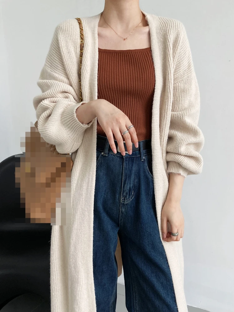 

2023 Women's Autumn and Winter Lazy Over-the-knee Mid-length Knitted Cardigan Korean Style Outer Lantern Sleeve Sweater Coat