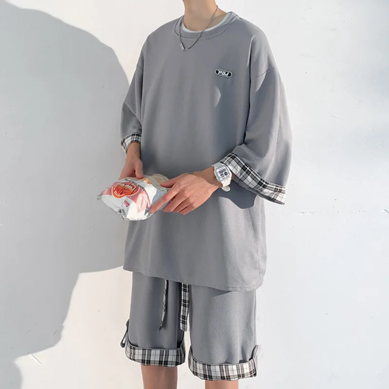 

Privathinker Plaid Patchwork Men Suit 2022 Summer Waffle Cuffed Shorts T-shirt Large Size Male Two Pieces Sets Fashion Clothing