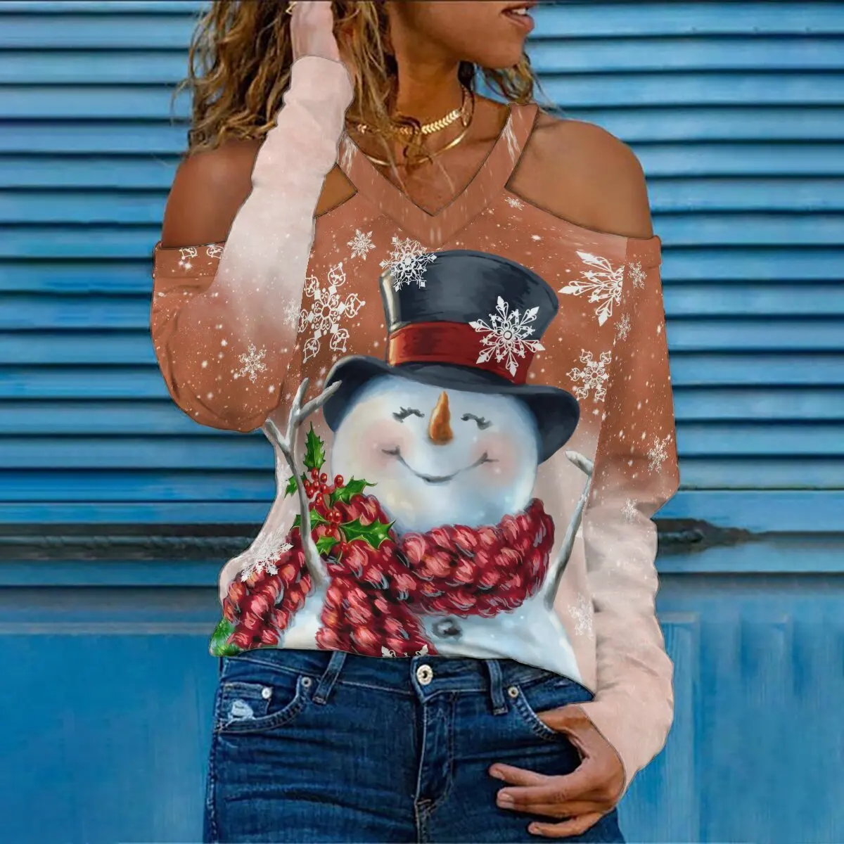 

Snake Yx Women's Fall New Christmas Snowman Print Fashion Casual V Neck Off Shoulder Long Sleeve Top Plus Size XXS-10XL