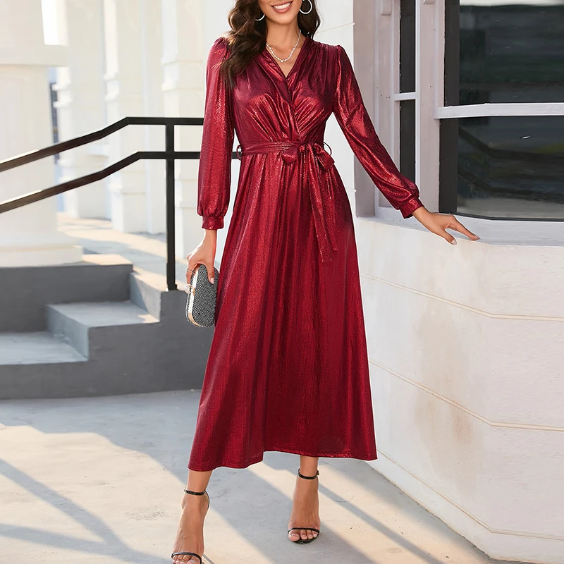

Spring Solid Long Sleeve Lace up Cocktail Party Dress Casual Holiday Women Maxi Dresses Elegant V-Neck High Waist Pleated Dress