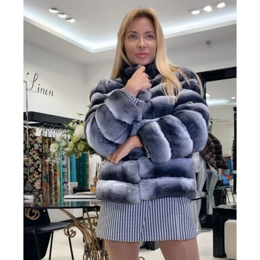 Женская шуба из меха кролика Шиншиллы Рекс с воротником-стойкой короткая меховая
