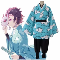 demon slayer anime kimetsu no yaiba kamado tanjirou cosplay costume sky blue kimono uniform helloween outfit wig mask new