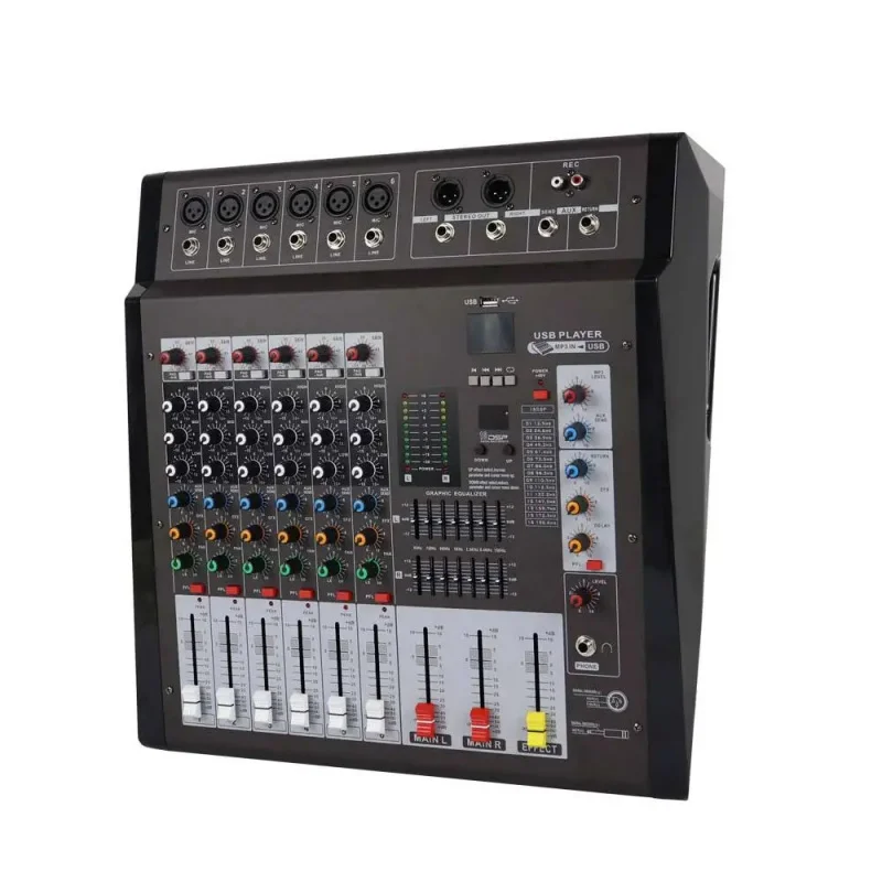 Фото DMX-6 6-канальный USB-микшер с 16 DSP-эффектами, 350 Вт, мощный микшерный пульт, металлический корпус, для живого звука, новинка №1