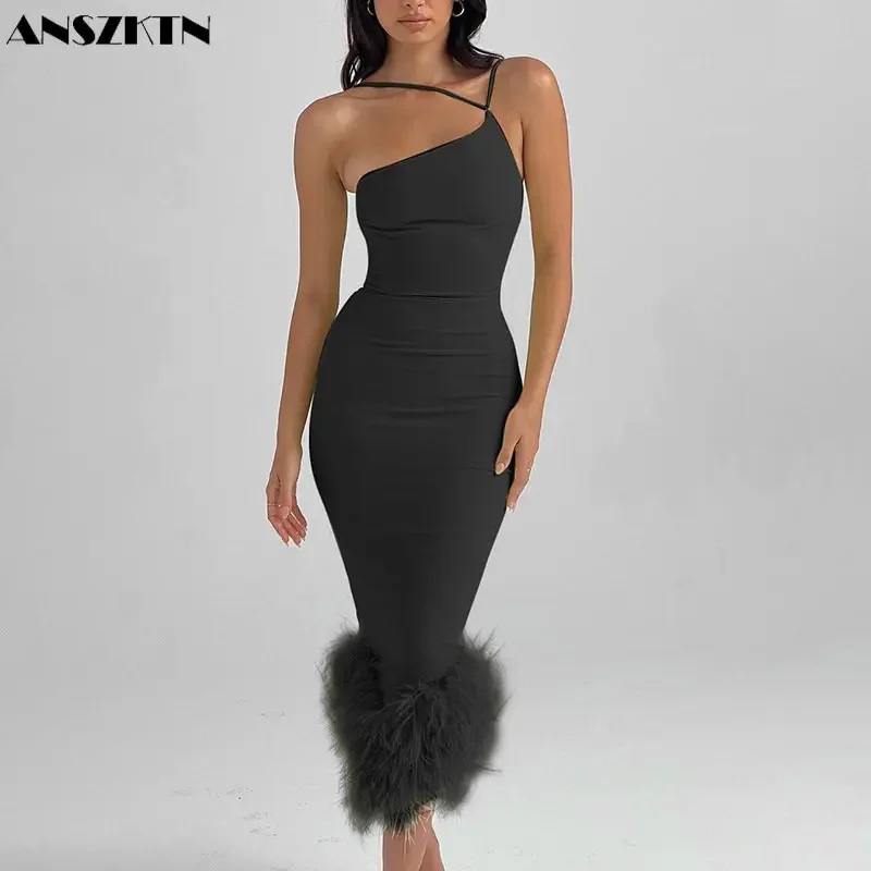 Платье на одно плечо с подвесным вырезом женское сексуальное тонкое длинное