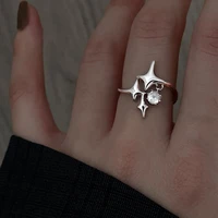 exquisite silver color star adjustable ring micro inlaid crystal four pointed star ring for women friends gift vintage jewelry