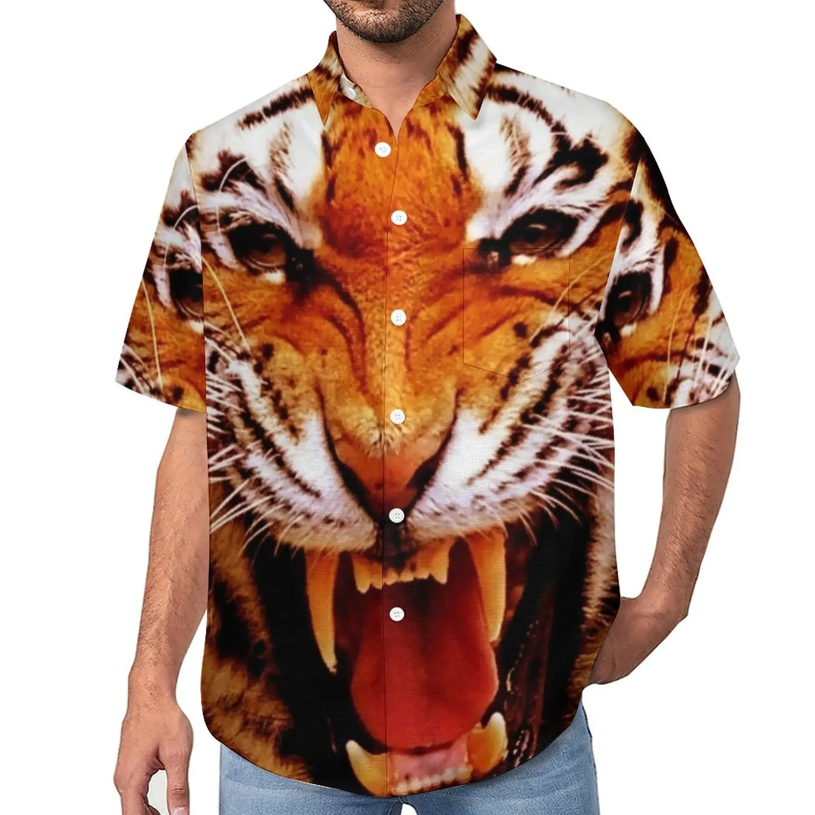 

Tiger And Flame Vacation Shirt Animal Print Hawaii Casual Shirts Mens Street Style Blouses Short Sleeve Design Clothing Big Size