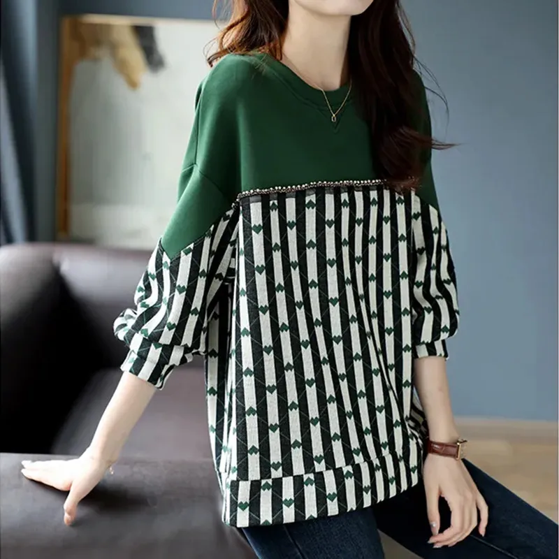 Spring Summer Pullover Women 2023 New Dark Green Fashion Round Neck Long Sleeve Tops Striped Beading Stitching Sweater Female