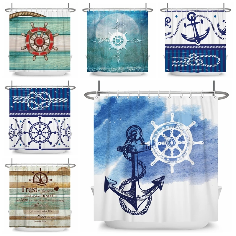 

Nautical Shower Curtain 3D Blue Ocean Sailboat Lighthouse Anchor Fabric Shower Curtain Decorative With Hooks Waterproof Washable
