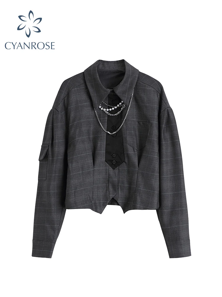 

Women Gothic Dark Plaid Blouses With Tie Chain 2022 Spring Goth Punk Cardigan Shirts Female Streetwear Loose Retro Blusas Tops