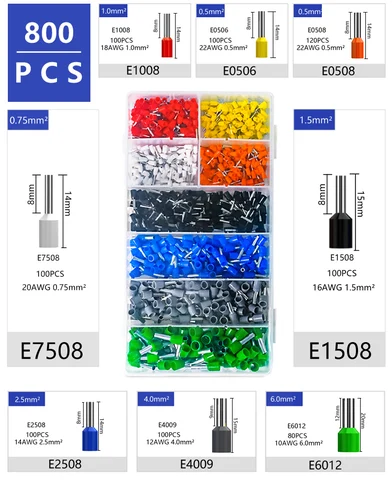 800 шт. изолированный обжимной наконечник, наконечник провода, набор прессованных обжимных клемм E0506 1008 0508 7508 2508 4009 1508 6012, набор латуни
