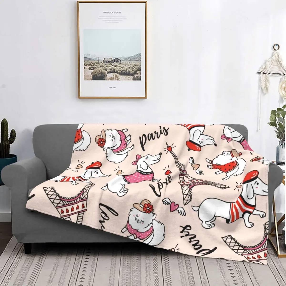 

French Style Cute Cartoon Dachshund And Eiffel Tower Blankets Dog Lover Fleece Throw Blanket for Bed Sofa Autumn/Winter
