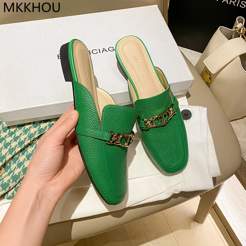 

Туфли MKKHOU женские кожаные, модные повседневные универсальные мюли на низком каблуке, с золотистой цепочкой, с узором Личи