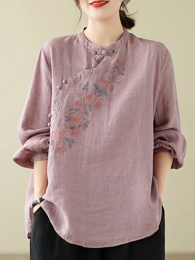 

Повседневная рубашка в китайском стиле с длинным рукавом, новинка 2023, осенние женские хлопковые топы в винтажном стиле с цветочной вышивкой B3022