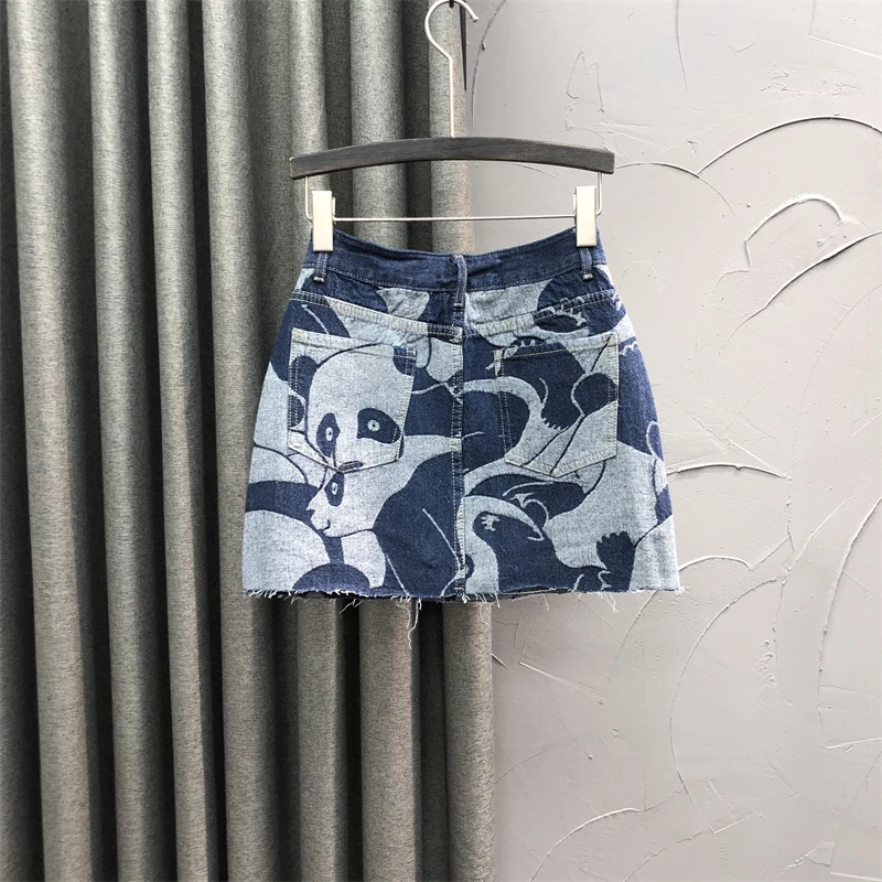 European Style High Waist Printed Denim Skirt for Women 2023 New Spring Summer Fashion Slimming A-line Loose Jeans Mini Skirts