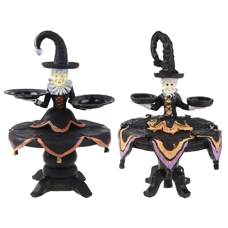 

770C Halloween Witch Tabletop Server with Harlequin Tablecloth Cupcake Display Stand Home Decoration Resin Statue Tray Funny