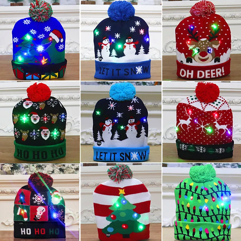 

Рождественские шапки со светодиодной подсветкой, мультяшный Санта-Клаус, снеговик, лось, вязаная Рождественская мягкая шапка, Рождественское украшение, Новогодний подарок