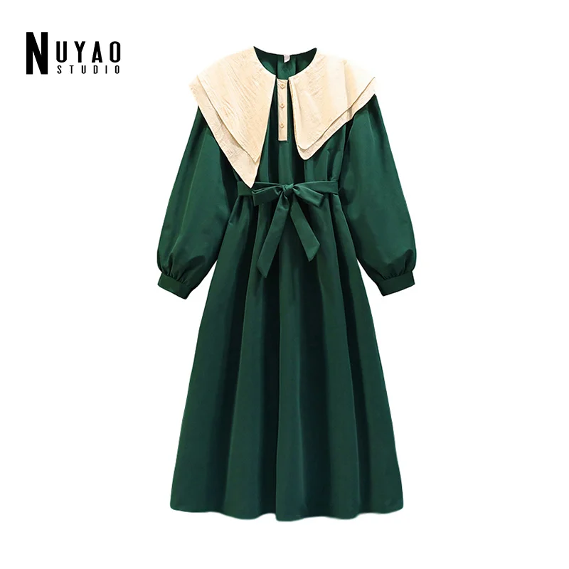 

2022 Women L-4XL Plus Size Vintage Green Dress Solid Color Double Collar Lantern Long Sleeve Loose Casual Midi Female Dresses