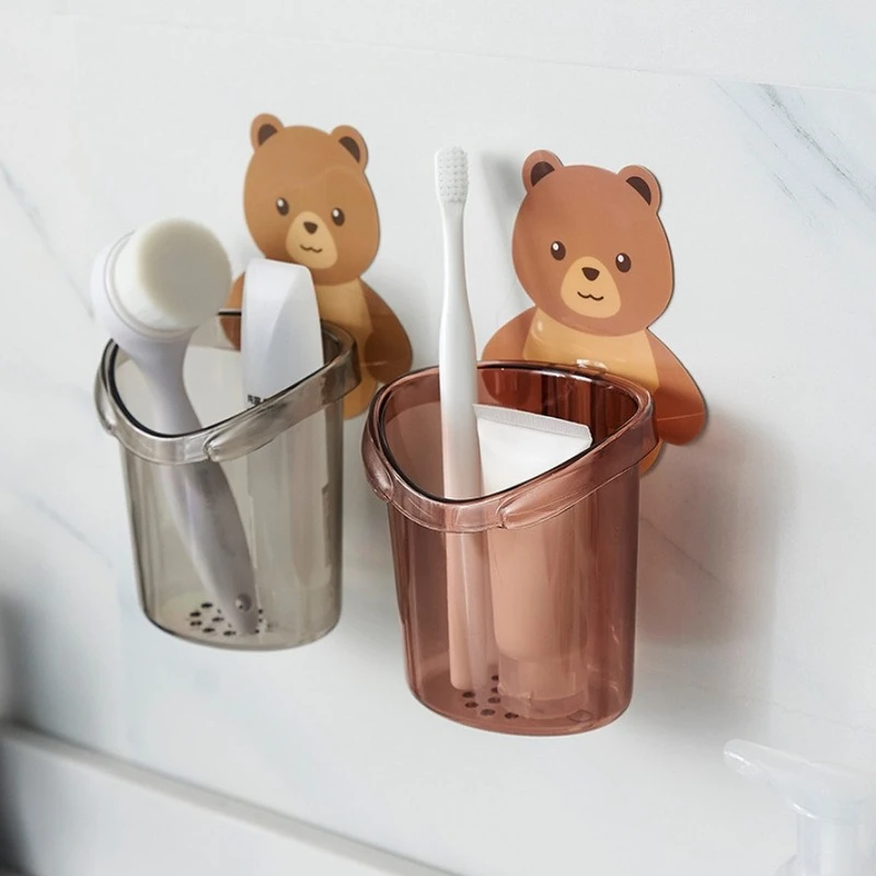 

Bear Cup Toothbrush Holder Drainage Storage Wall Mounted Shelf Toothbrush Toothpaste Holder Bathroom Accessories