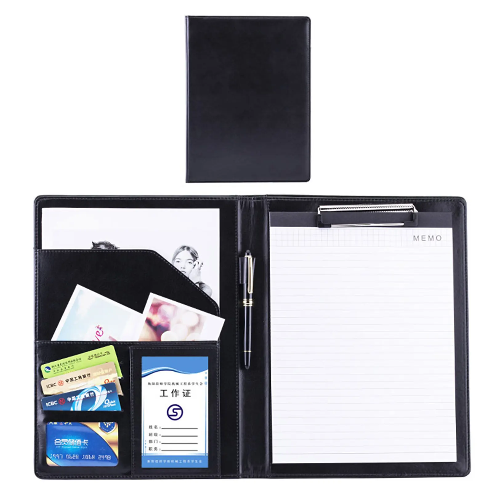 

With Notepad Multi Pocket Portfolio Office Supply Portable A4 File Durable Solid Clipboard Folder PU Leather School Business