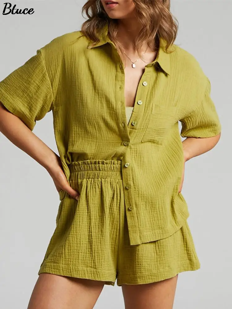 

Women Solid Tracksuits Casual Short Sleeve Shirts With Mini Shorts Two Pieces Set Summer Ladies Fashion Loose Blouses Outfits