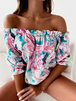 2022 summer print womens top off the shoulder ruffles half sleeve blouse female fashion elegant casual loose ladies clothes