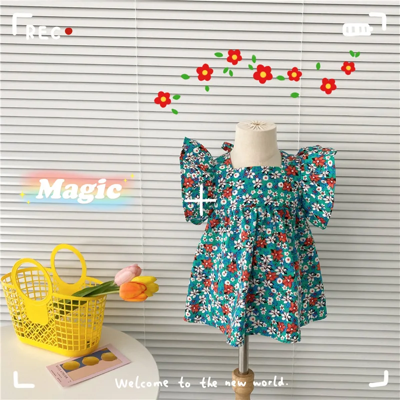 

Kids Floral Dresses for Girls Summer Fly Sleeve Print Dresses Korean Style Fashion Children Clothing 0-3 Years