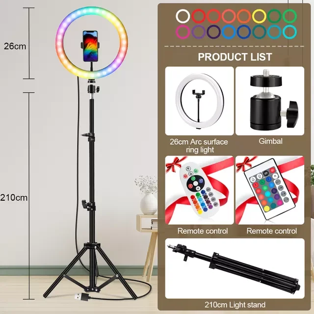 

Inch Led Ring Light Usb RGB Ringlamp USB Light Ring Photo Selfie Lamp with Remote Phone Stand for Streaming Video Photography