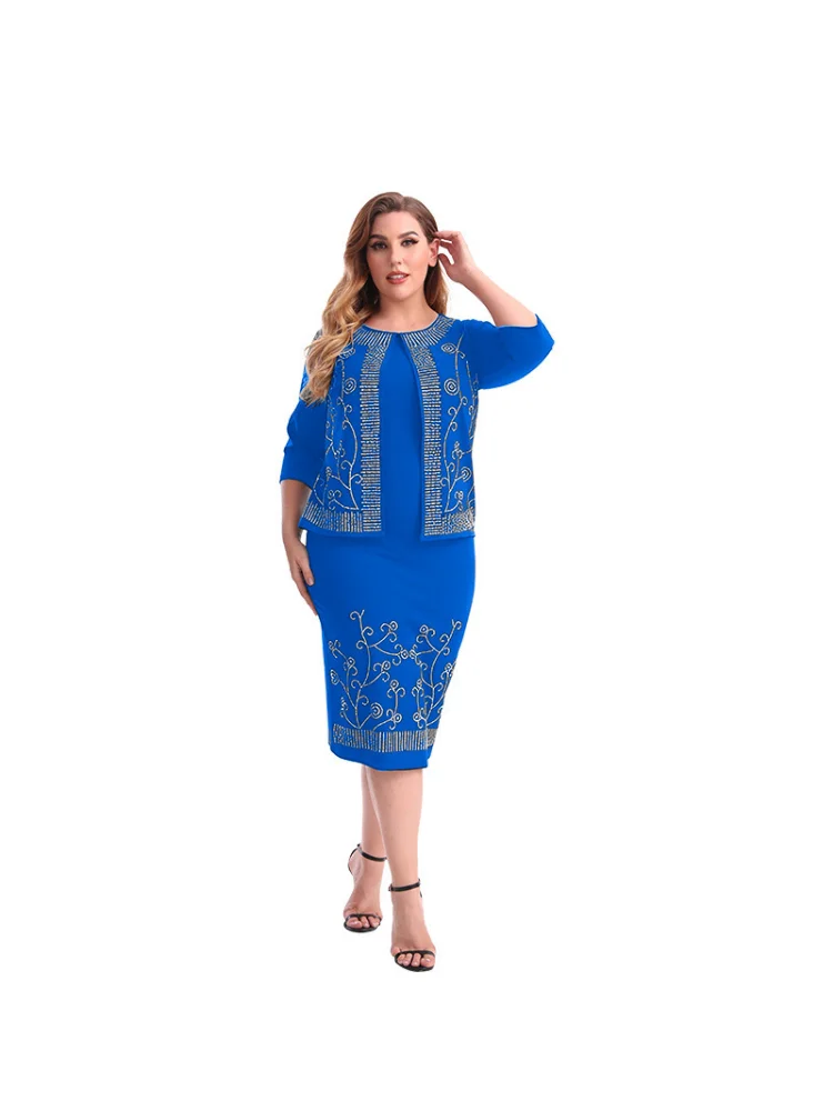 Summer large size women's fake two hot diamond sweet solid color dress plus size outfits  evening dresses
