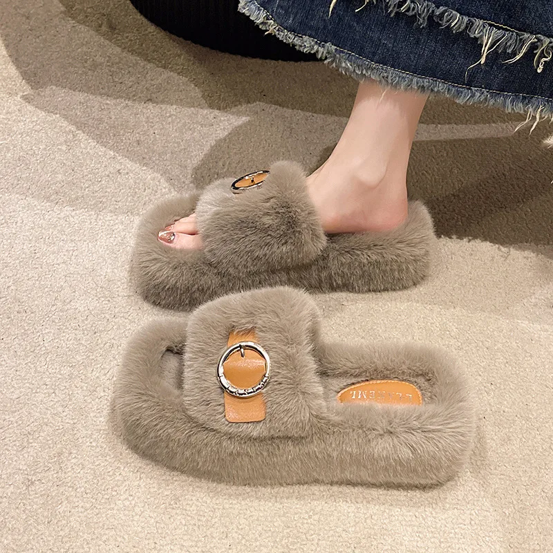 Summer Fluffy Raccoon Women Fur Slippers  Square Head Thick Heel   Flip Flop Flat Furry Fur Slides Sandals  Amazing  Girl Shoes