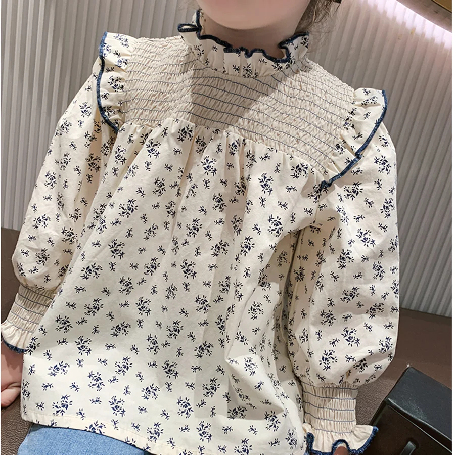 

Flying Sleeve Kids Clothes for Girls Spring Flowers Blouse Ruched Long Sleeve Floral Shirts for Little Girls Korean Style Top