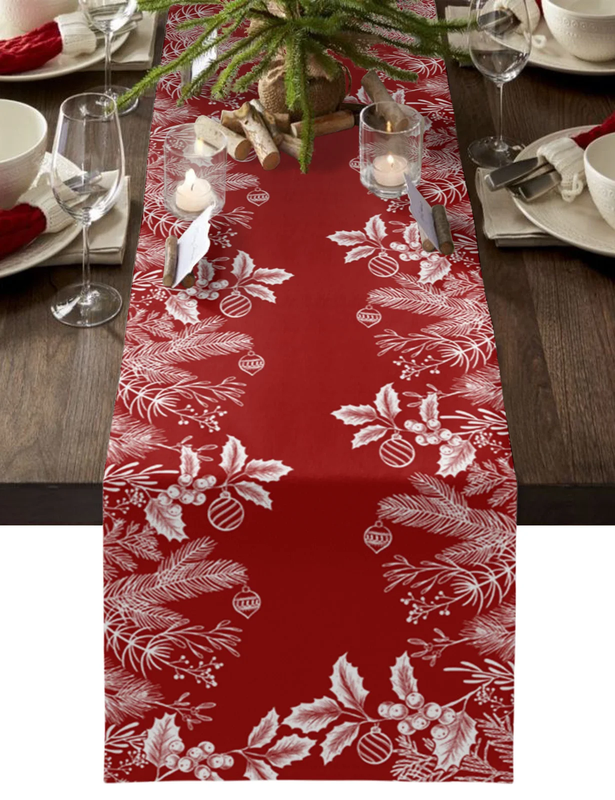 

Home Decor Table Runner Wedding Decoration Tablecloth Kitchen Table RunnersChristmas White Pine Needle Leaves