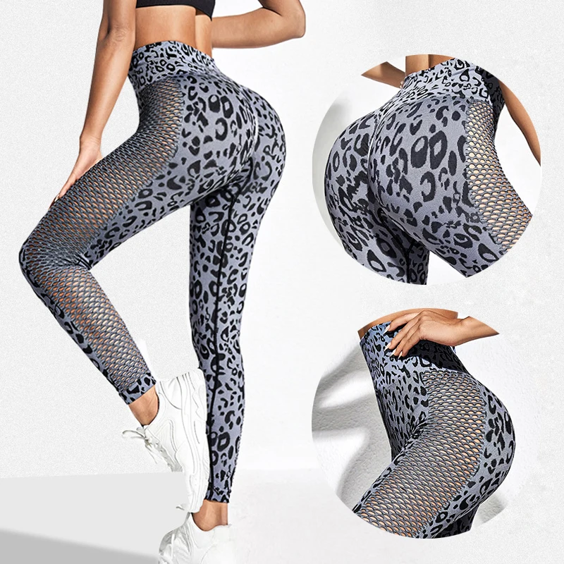 

Fashion Leopard Yoga Pants Women Sports Leggings For Fitness Breathable Hollow Mesh Seamless Workout Gym Pant Female Sportswear