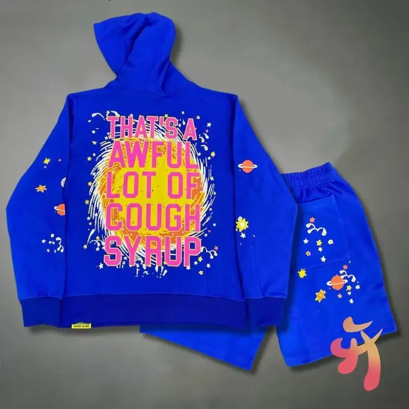 Уличный комплект с капюшоном в стиле хип-хоп синие толстовки виде сиропа от кашля