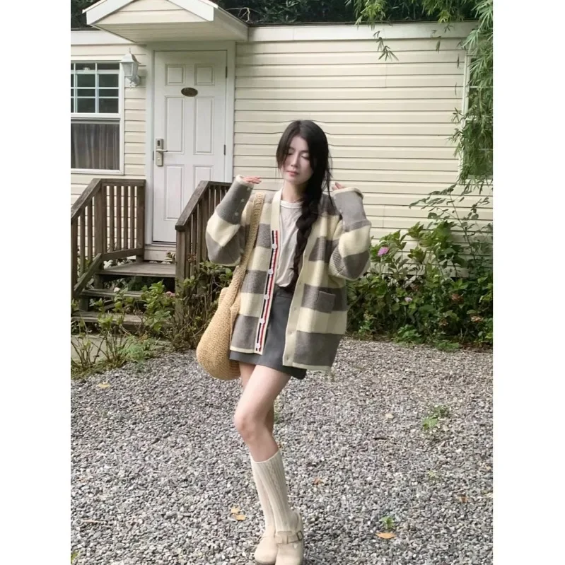 Элегантный винтажный полосатый свитер с цветными блоками куртка для женщин