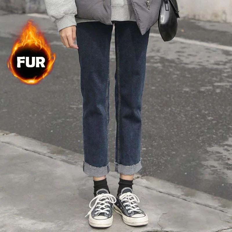 Calças de Brim para Mulheres de Cintura Inverno Mais Tamanho Quente Magro Alta Calças Jeans Estudante Sólida Calça Retro Meninas Mulher 2022 Y2k