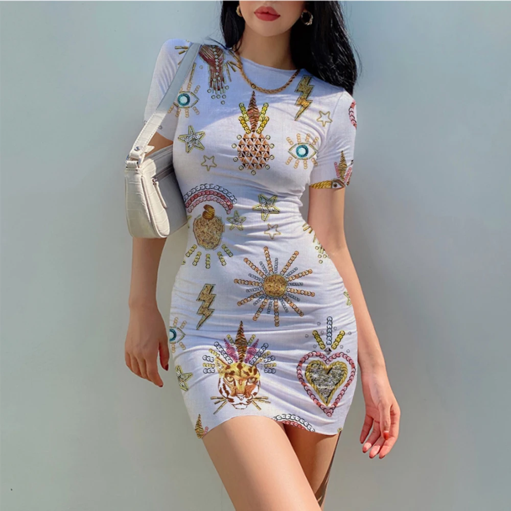 

Женское короткое платье с круглым вырезом, элегантное облегающее платье с цветочным принтом, лето 2022