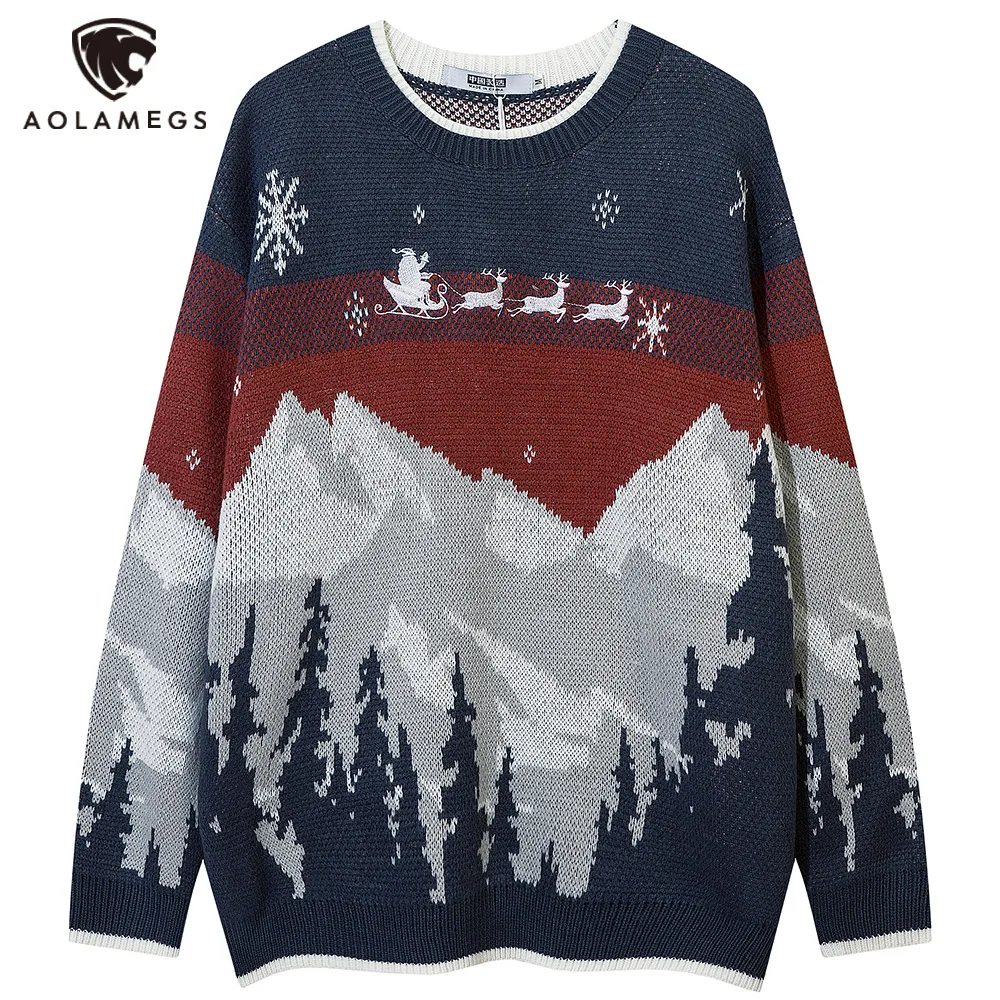 

Aolamegs Men's Oversized Sweater Simple Christmas Graphics Splicing Print Long Sleeves Pullover Hip Hop Casual Unisex Streetwear