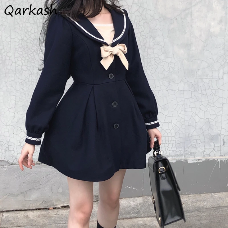 

Long Sleeve Dress Women Bow JK Sailor Collar Simple Chic Autumn Spring All-match Casual Fashion Japanese Style Harajuku Females