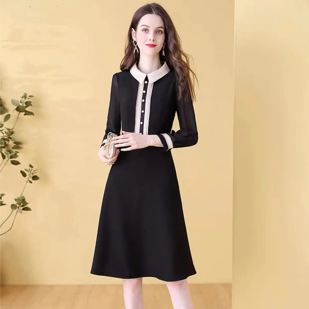 

COIGARSAM женское платье Весна 2022 новые черные платья с длинным рукавом воротником Питер Пэн Прямая поставка