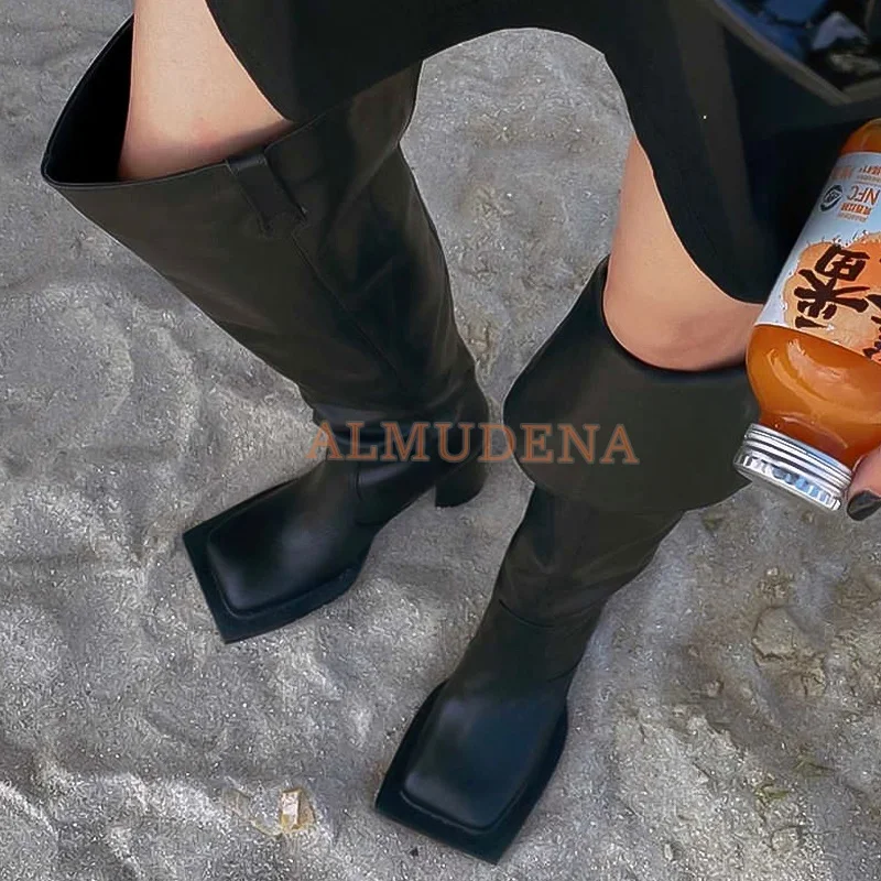Black Square Toe Chunky Heel Sleeve Knee Boots Women Punk Style Leather Over the Knee Boots Women Cool Shoes 2022 Winter New