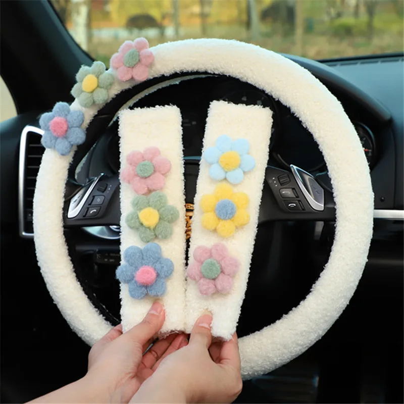 

Cute Cartoon Plush Color Flowers Universal Car Steering Wheel Cover Auto Seatbelt Cover Imitate Lamb Wool Women Car Accessories